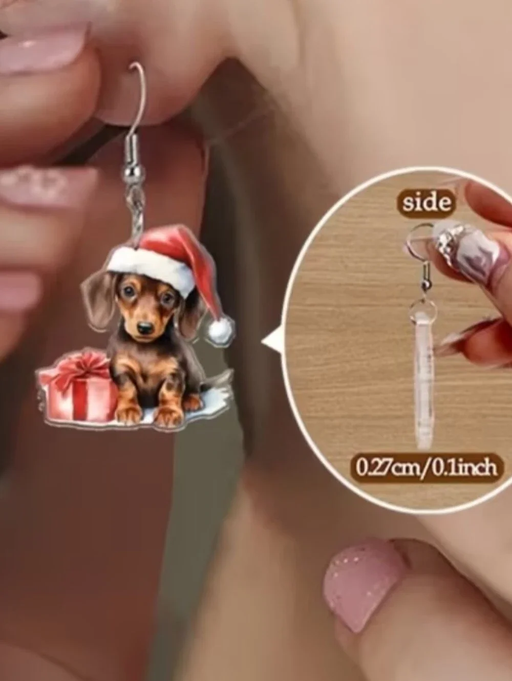 Hand Crafted Dachshund in Santa Hat Acrylic Drop Earrings - Red & Brown